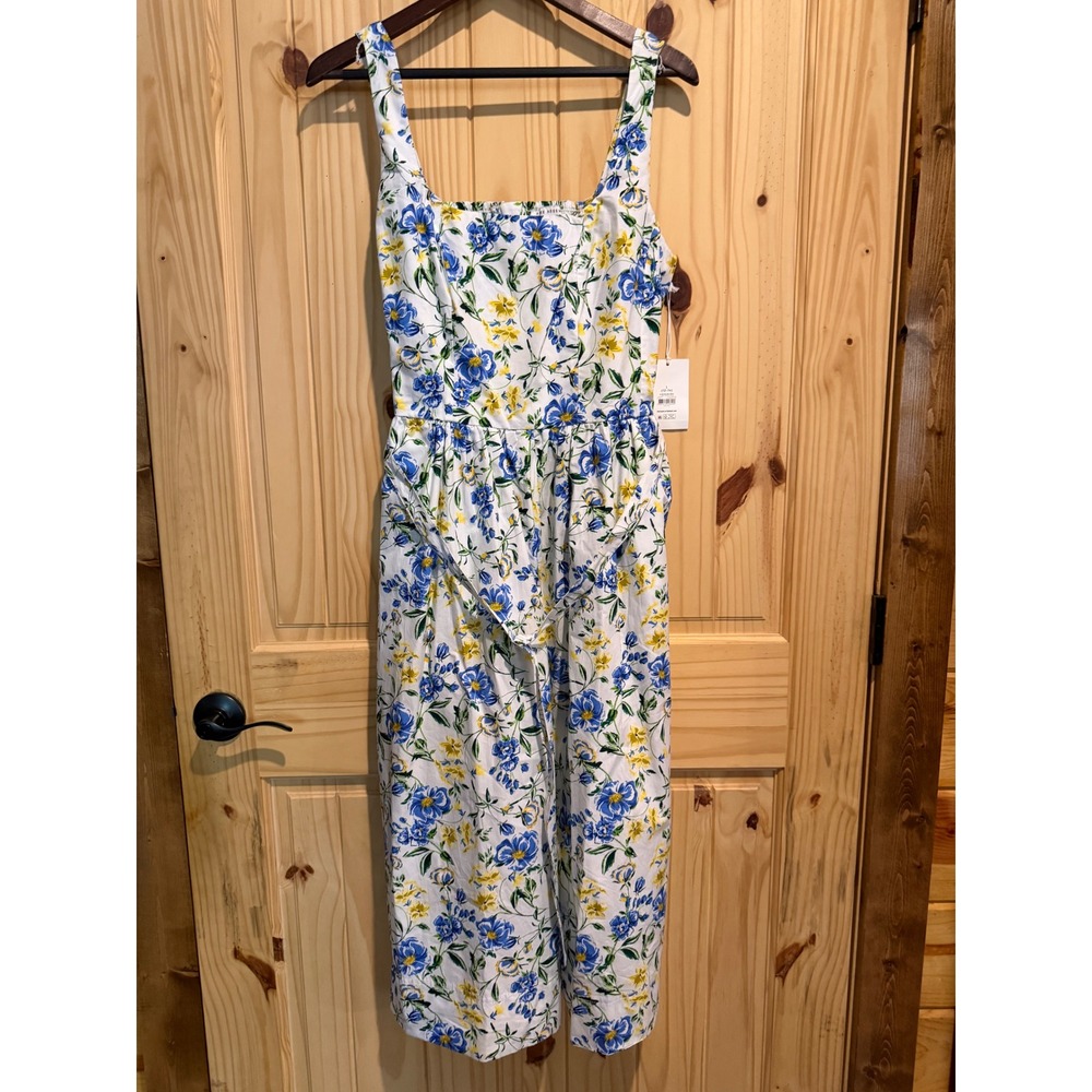 Free Assembly Floral Belted Midi Dress Nautical Blue White Yellow Cotton L 12-14